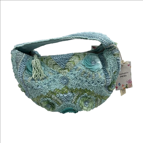 Handcrafted In India Viral Rare Shoulder Pearl Beaded Bag Turquoise Blue NWT - Picture 3 of 9